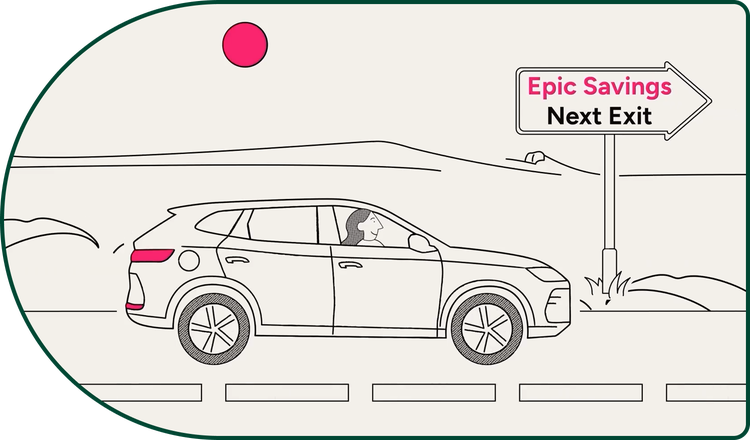 A woman driving following "Epic Savings Next Exit" Oly novated lease road sign.